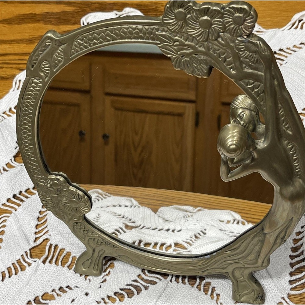 Vintage Art Nouveau Brass Mirror Lady of Lake Flower Vanity Frame